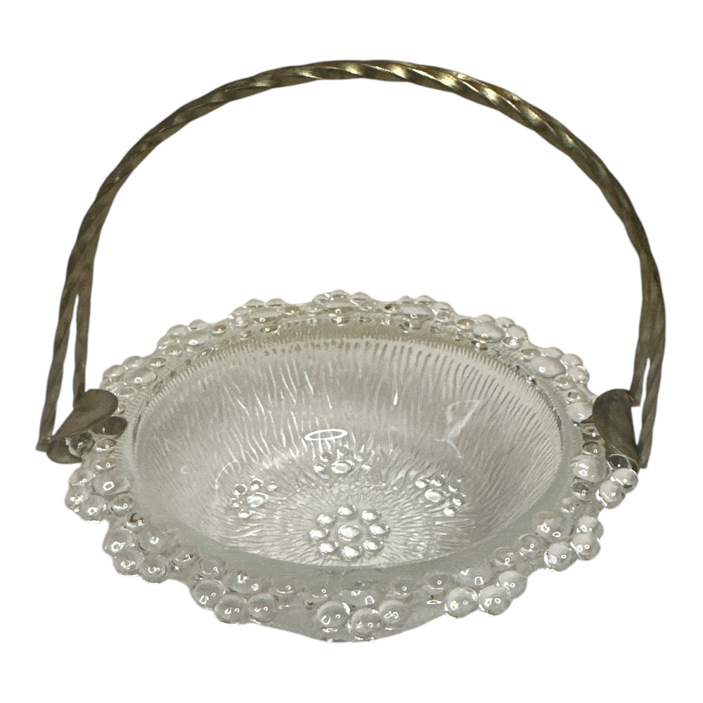 Vintage Glass Candy Bowl Basket Metal Handle 4.75"W X 1.5"H
